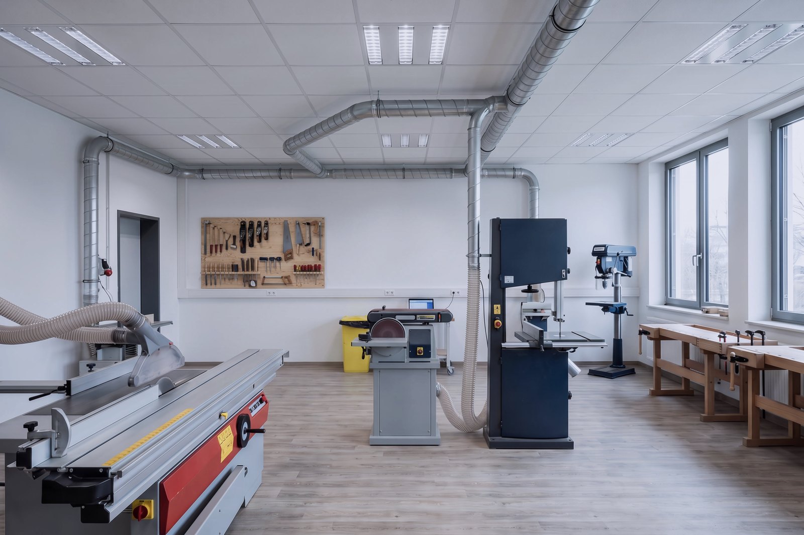 Werkraum einer Schule mit Formatkreissäge, Bandsäge, Dickenhobel, Ständerbohrmaschine und aufgebauter Absauganlage